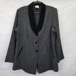 Giorgio Fiorlini Blazer Women's 16 Grey Tweed Black Velvet Collar Equestrian VTG